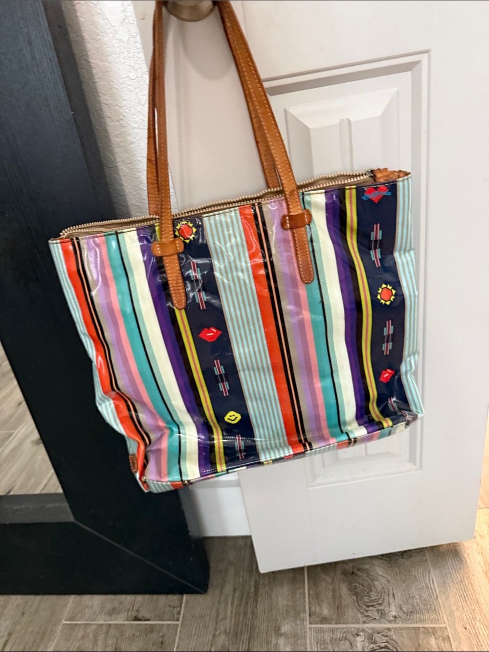 Striped Multicolor Tote Bag with Brown Handles
